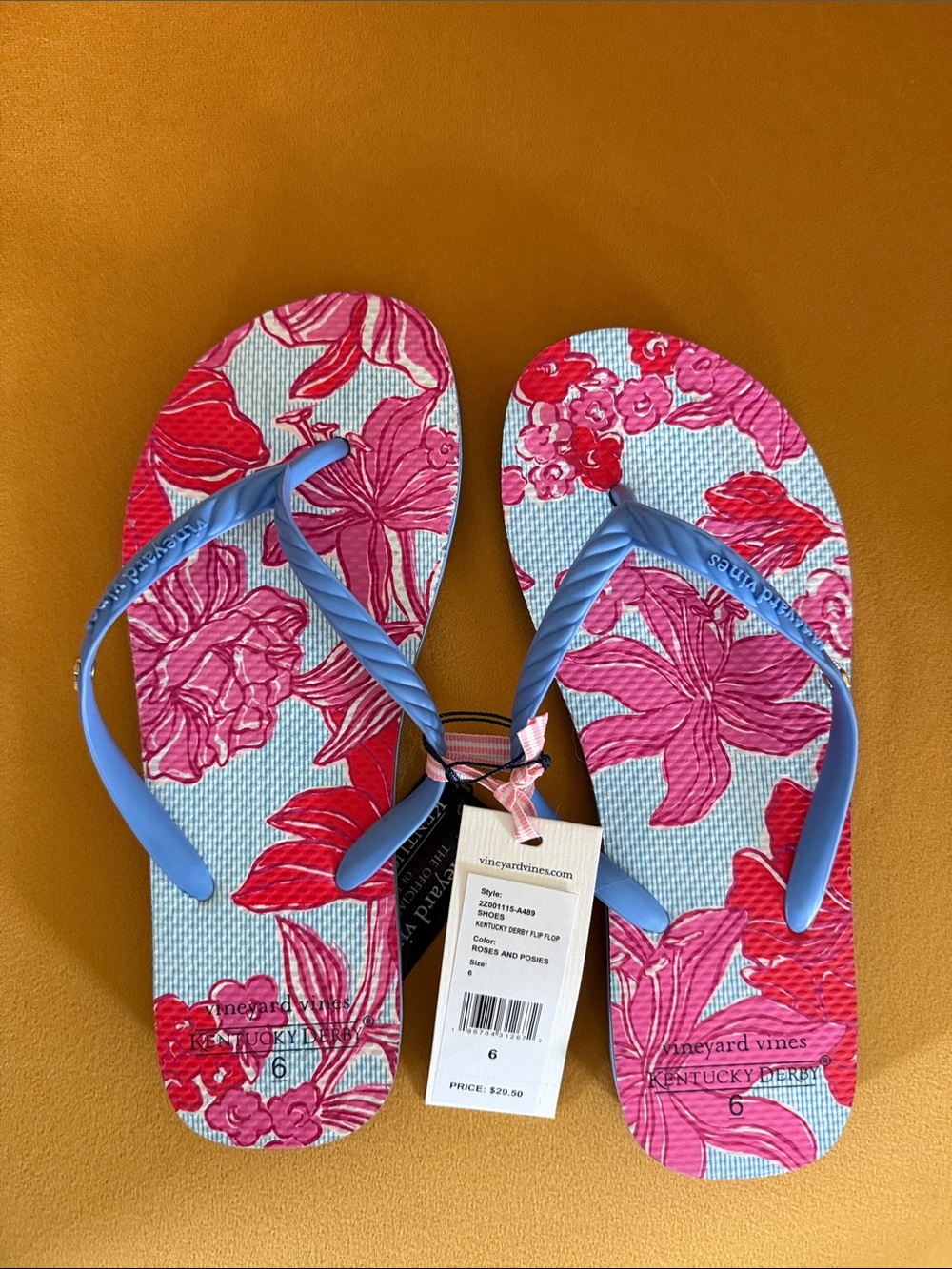 Vineyard Vines Pink Floral Flip Flop Sandals with Blue Straps